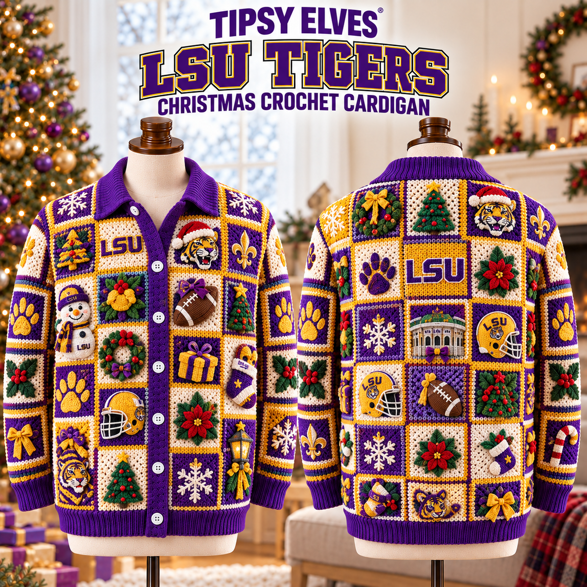 LSU Premium 3D Christmas Crochet Patchwork Cardigan NTNA